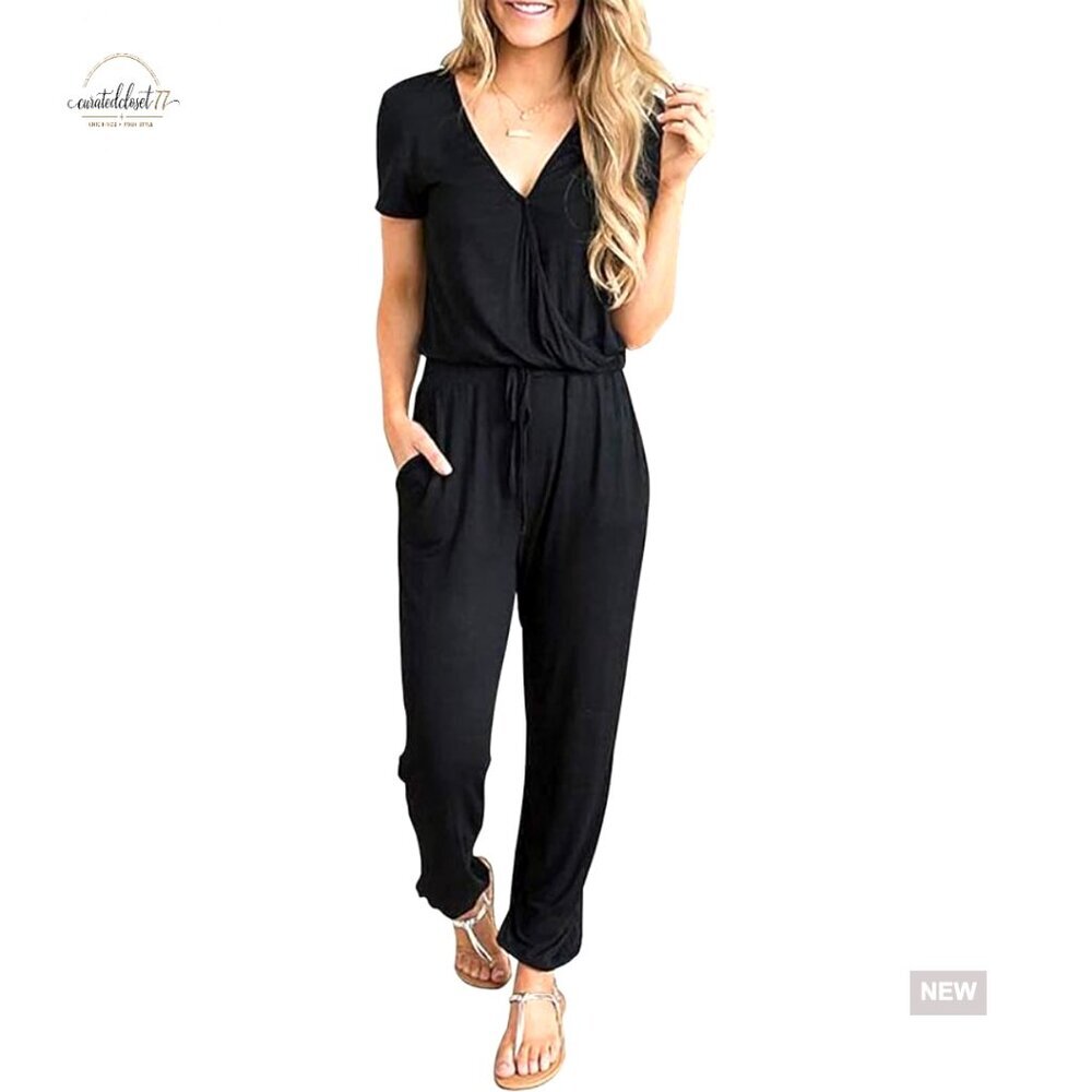 Loose Fit V-Neck Jumpsuit with Pockets, Short Sleeve Summer Romper